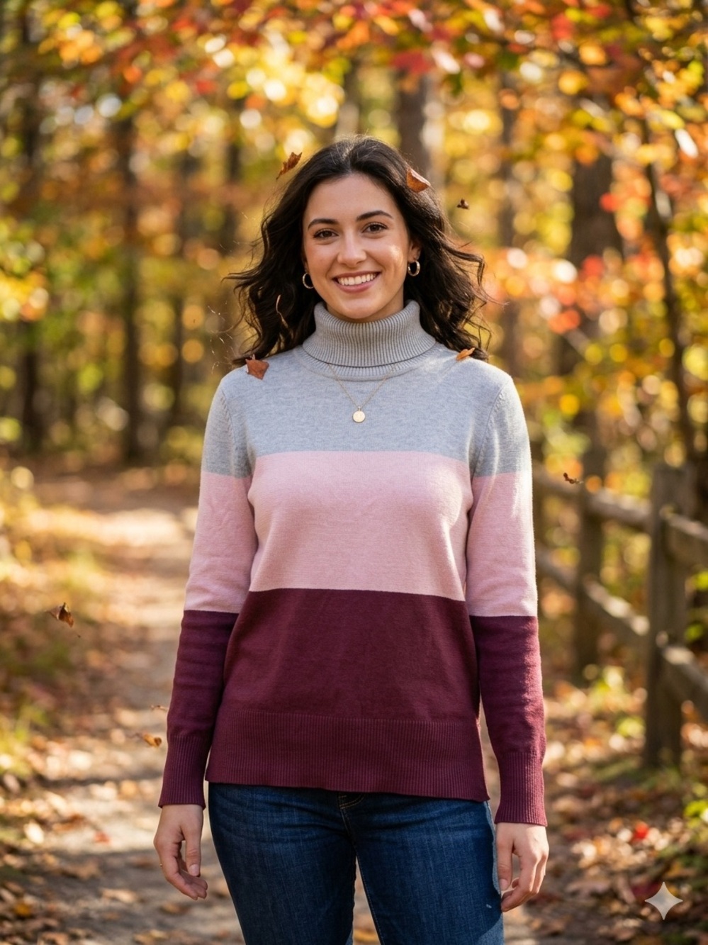 Colorblock Turtleneck Sweater in Gray, Pink & Burgundy